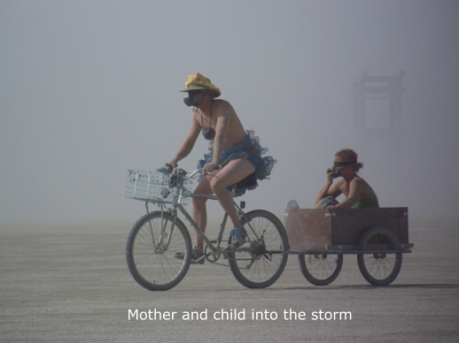 Mother and child in dust storm.