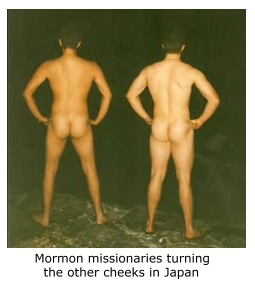 Mormon missionaries turning other cheeks.