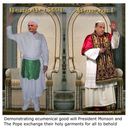 Thomas 
S Monson and Pope Benedict exchange holy garments.