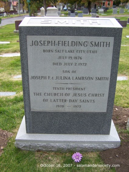 Joseph Fielding Smith next to Hyrum Smith monument.