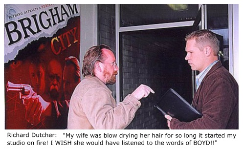 Richard Dutcher's wife blow dries hair.