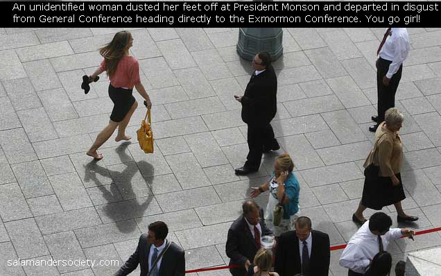 Mormon woman flees general conference, dusting feet off.