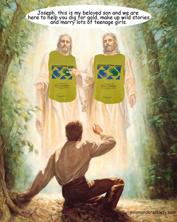 Mormon helping hands first vision with Elohim, Jesus Christ and Joseph Smith.