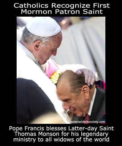 Thomas S Monson recognized as first patron Mormon saint by Catholic Church and Pope Francis.