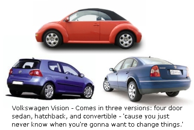 Volkswagen Vision - comes in three versions: four door sedan, hatchback, and convertible
- 'cause you just never know when you're gonna want to change things.