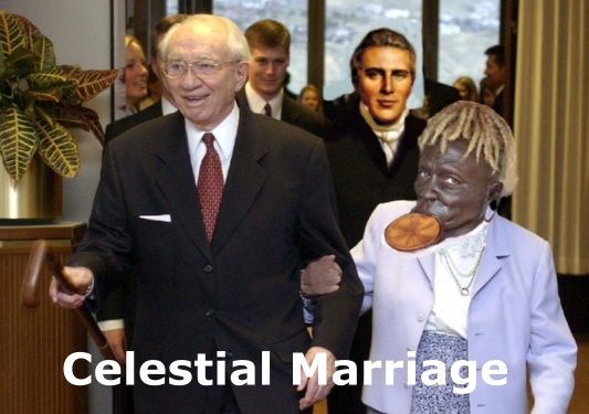 Gordon Hinckley in celestial marriage with black woman.
