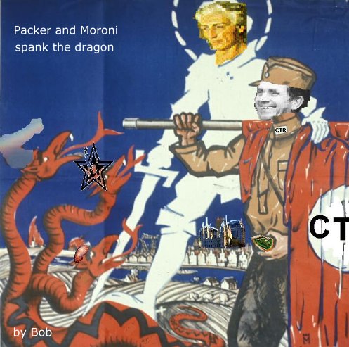 Boyd K Packer and Moroni spank the dragon.
