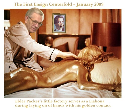 Ensign centerfold with Boyd K Packer ministering to female golden contact.