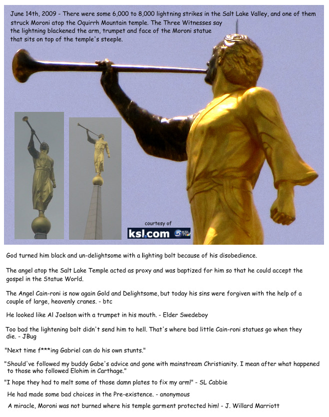 Moroni struck by lightning in Salt Lake City - by www.exmormon.org.