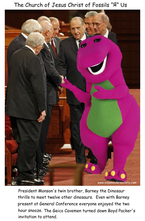 Thomas Monson and Barney the Dinosaur.