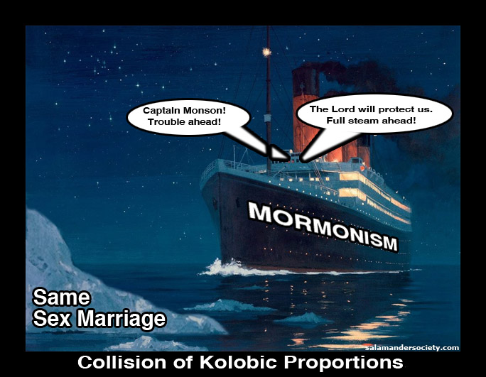 Thomas Monson, Mormon prophet, gay rights, same sex marriage, titanic kolobic collision.
