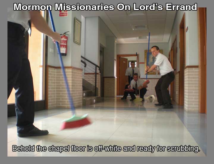Missionaries play work at church. Field is off white and ready for scrubbing.